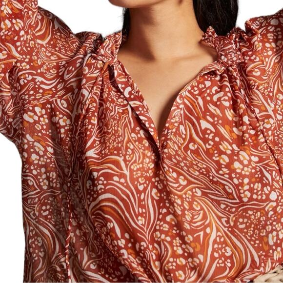 Anthropologie Sheer Printed Peasant Blouse Orange Cream XXS - Picture 14 of 15